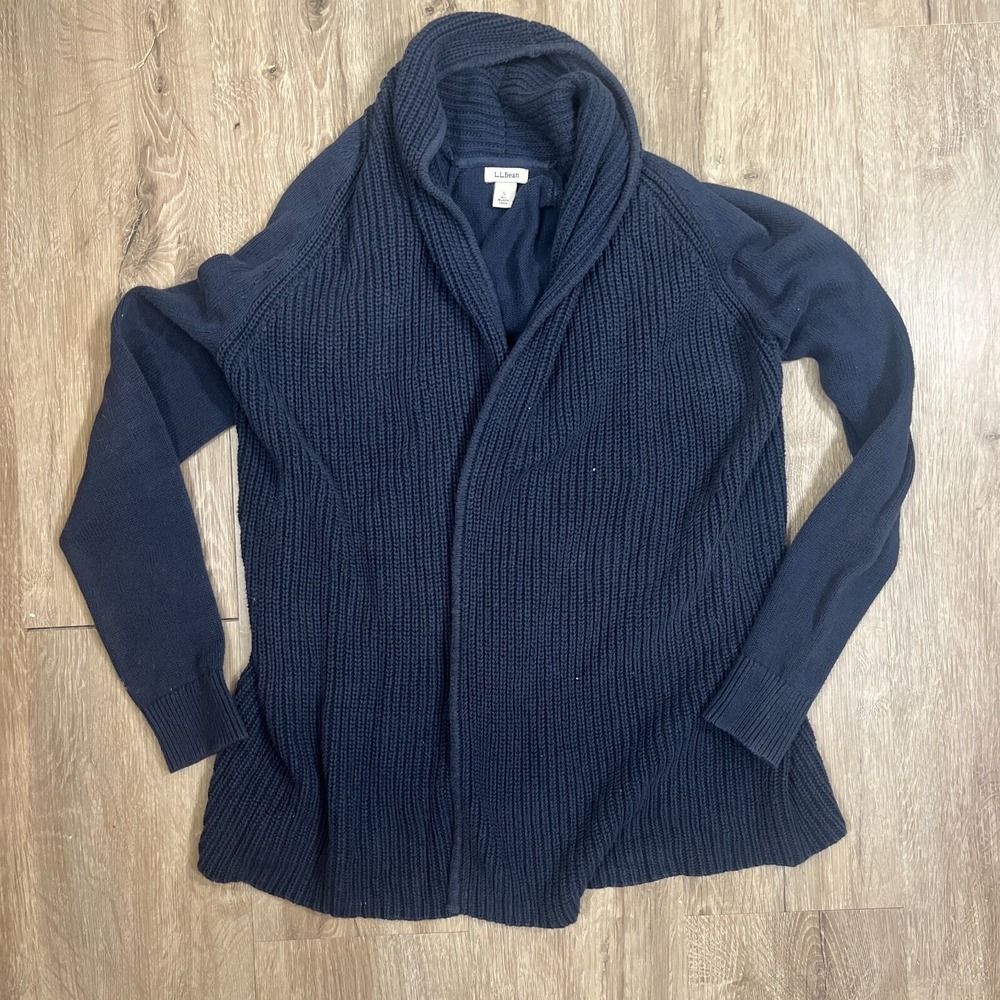 LL Bean Womens Shaker-Stitch Open Cardigan Small Navy 100% Cotton 290417